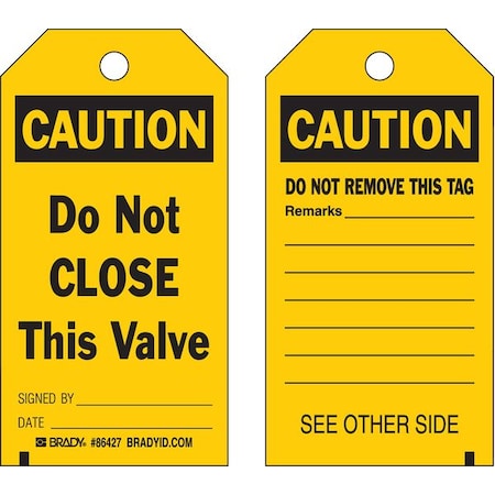 Brady 86427 - Caution Tag, Lockout Tagout, Polyester, 5 3/4 in H x 3 in W, Black, Yellow, Rectangle, 10 PK