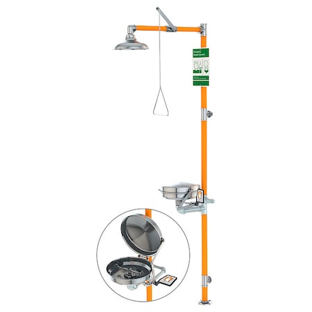 Guardian Equipment G1991BC - Safety Station with Eyewash, Floor Mounted Mount, 304 Brushed Stainless Steel Pipe, 90 in H, Orange