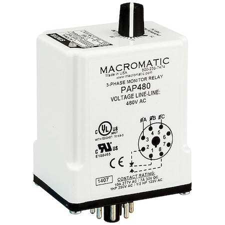 Macromatic PAP480 - 3 Phase Monitor Relay,SPDT,480 VAC,8 Pin