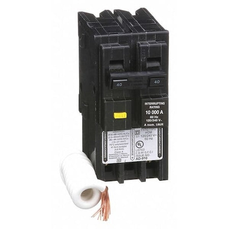 Square D HOM240GFI - Miniature Circuit Breaker, HOMELINE Series, 40 A, 2 Pole, 240 V AC, 10k A at 240 V AC, A Curve