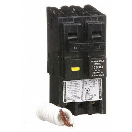 Square D HOM215GFI - Miniature Circuit Breaker, HOMELINE Series, 15 A, 2 Pole, 240 V AC, 10k A at 240 V AC, A Curve