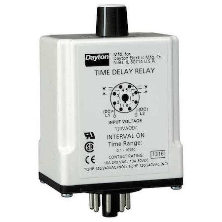 Dayton 1EGB3 - Single Function Time Delay Relay, Octal, On Delay, 1 Functions 120 V AC, DPDT