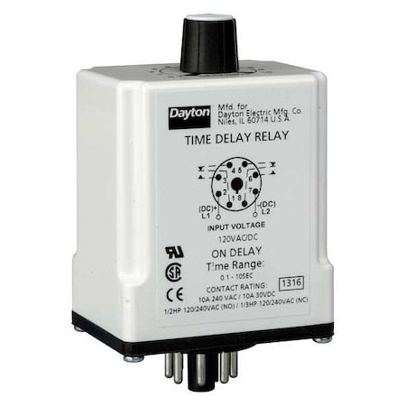 Dayton 1EGB9 - Single Function Time Delay Relay, Octal, On Delay, 1 Functions 120 V AC/DC, DPDT