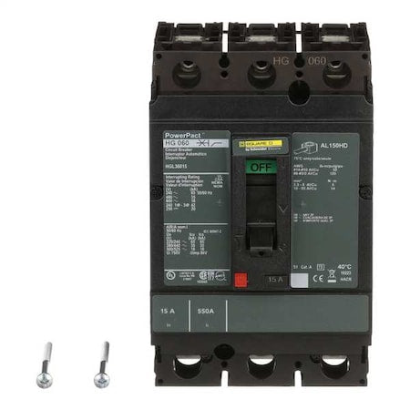 Square D HGL36015 - Molded Case Circuit Breaker, POWERPACT H Series, 15 A, 3 Pole, 600 V AC, 65k A at 240 V AC