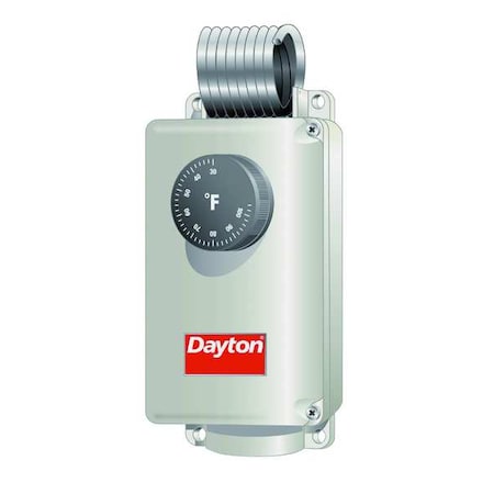 Dayton 1UHH1 - Line Voltage Mechanical Thermostat, Heat or Cool, 30 to 110 F,Exposed Dial,24 to 600 V AC,1 C/H,White