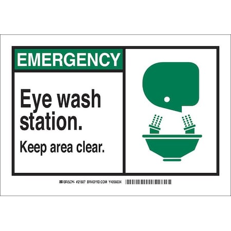 Brady 83935 - Emergency, Eye Wash Station. Keep Area Clear., 5" W x 3-1/2" H, Rectangle, Polyester, 83935