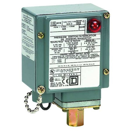 Telemecanique Sensors 9012GAW5G18 - Pressure Switch, Standard, SPDT, 1 Ports, 1/4-18" FNPT, 3 to 150 psi Range, Aluminum