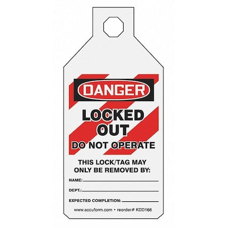 Accuform KDD166 - Circuit Breaker Lockout Tag, Danger, Cardstock, 2 1/8 in Width, 20 1/2 in Height, ,25 PK