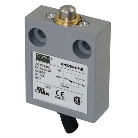 Dayton 12T931 - Limit Switch, Plunger, SPDT, 10 A at 300 V AC, Actuator Location: Top