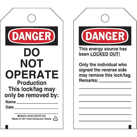 Brady 50250 - Danger Tag, Danger, Cardstock, 3 in Width, 5 3/4 in Height, Write On Surface: Yes ,25 PK