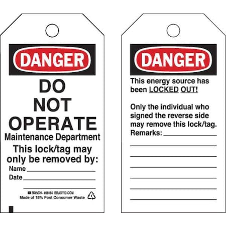 Brady 66054 - Danger Tag, Polyester, 5 3/4 in H x 3 in W, Black/Red on White, Rectangle, 25 PK