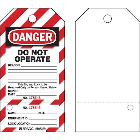 Brady WKT3 - Danger Tag, Cardstock, 5 3/4 in H x 3 in W, Red/Black on White, Rectangle, 25 PK