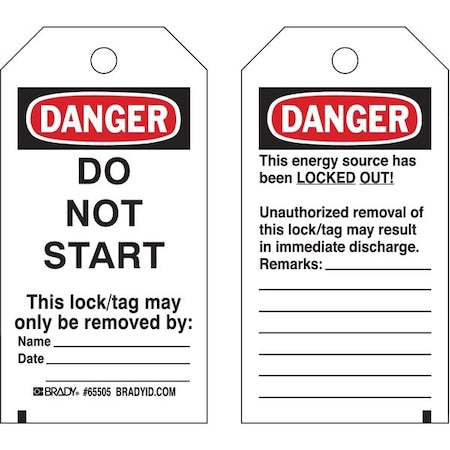 Brady 65445 - Danger Tag, Cardstock, 5 3/4 in H x 3 in W, Black/Red on White, Rectangle, 25 PK