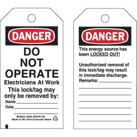 Brady 65443 - Danger, Cardstock, 3 in Width, 5 3/4 in Height, Write On Surface: Yes ,25 PK