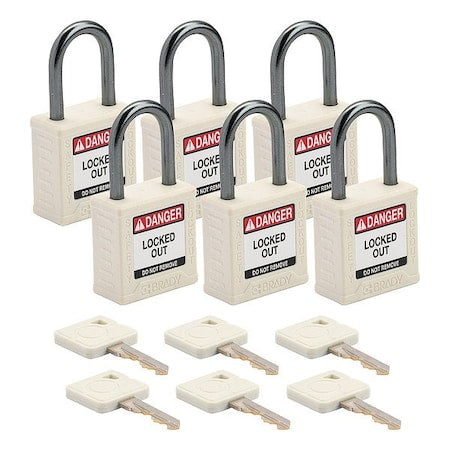 Brady CPPL-WHT-25AL-KA6 - Lockout Padlock, Keyed Alike, Nylon, White, 1 in Shackle Height, 1 3/16 in Body Width, 6 PK