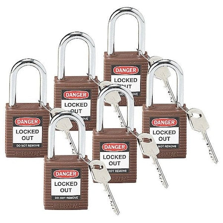 Brady 118948 - Lockout Padlock, Keyed Alike, Nylon, Brown, 1 1/2 in Shackle Height, 1 1/2 in Body Width, 6 PK