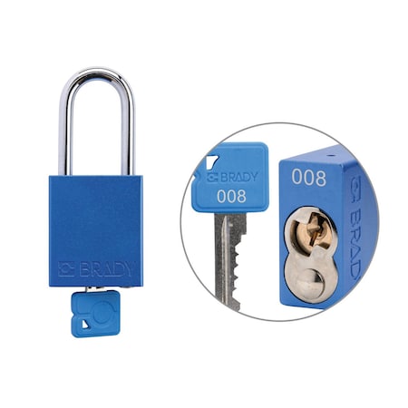 Brady SDAL-BLU-38ST-008 - Keyed Alike Padlock Unique Set Aluminum Blu 1.5 in Steel Shackle Keycode 8