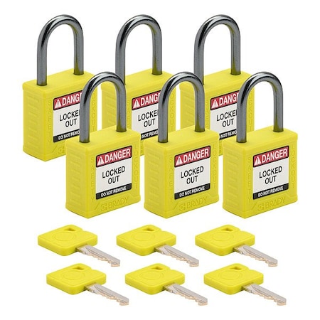 Brady CPPL-YLW-25AL-KA6 - Lockout Padlock, Keyed Alike, Nylon, Yellow, 1 in Shackle Height, 1 3/16 in Body Width, 6 PK