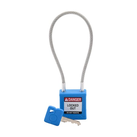 Brady CPPL-BLU-200CB-KD - Velocity 8in Compact Cable Lockout Padlocks Nylon 4in Shackle Clearance KD BL