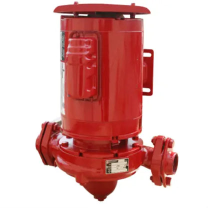 Bell and Gossett Series e-90 close-coupled commercial inline pump in a vertical mounting layout with red casing