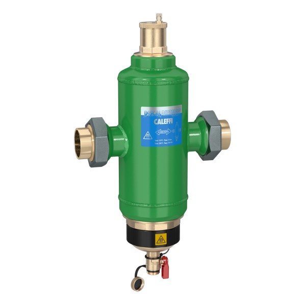 Caleffi DISCALDIRTMAG commercial steel magnetic air and dirt separator, 5461 series green tank body with brass air vent and magnetic collar.