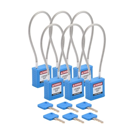Brady CPPL-BLU-200CB-KA6 - Velocity 8in Compact Cable Lockout Padlocks Nylon 4in Shackle Clearance KA BL 6 PK
