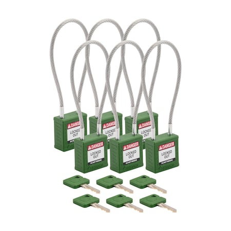 Brady CPPL-GRN-200CB-KA6 - Velocity 8in Compact Cable Lockout Padlocks Nylon 4in Shackle Clearance KA GN 6 PK