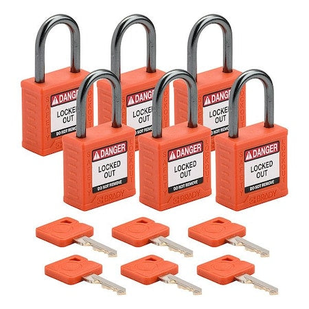 Brady CPPL-ORG-25AL-KA6 - Lockout Padlock, Keyed Alike, Nylon, Orange, 1 in Shackle Height, 1 3/16 in Body Width, 6 PK