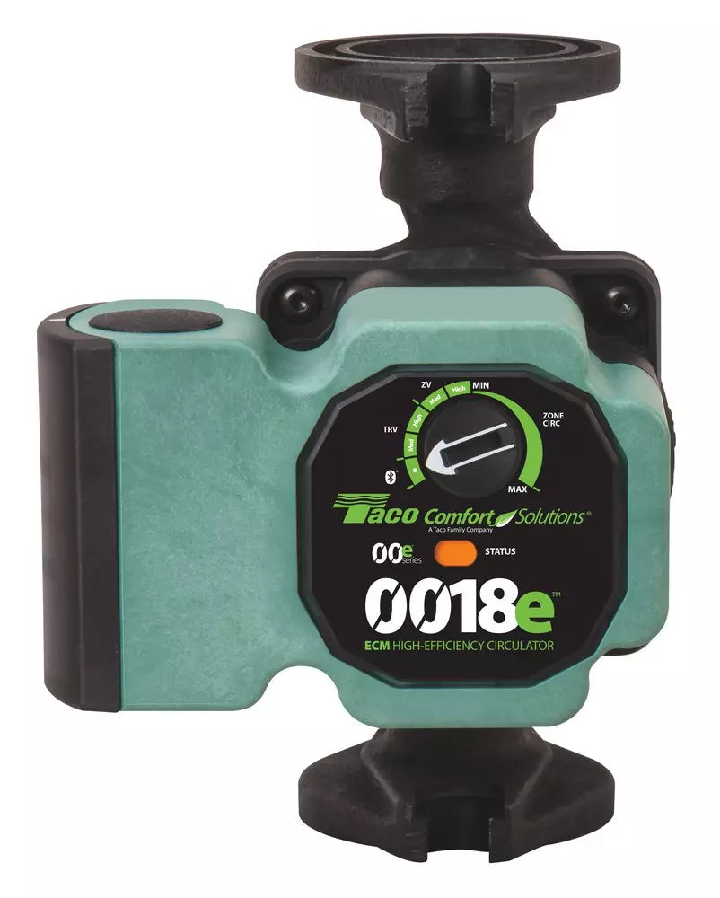 Side profile view of Taco 0018e cast iron 120V wet rotor circulator pump showcasing the flanged end connections.