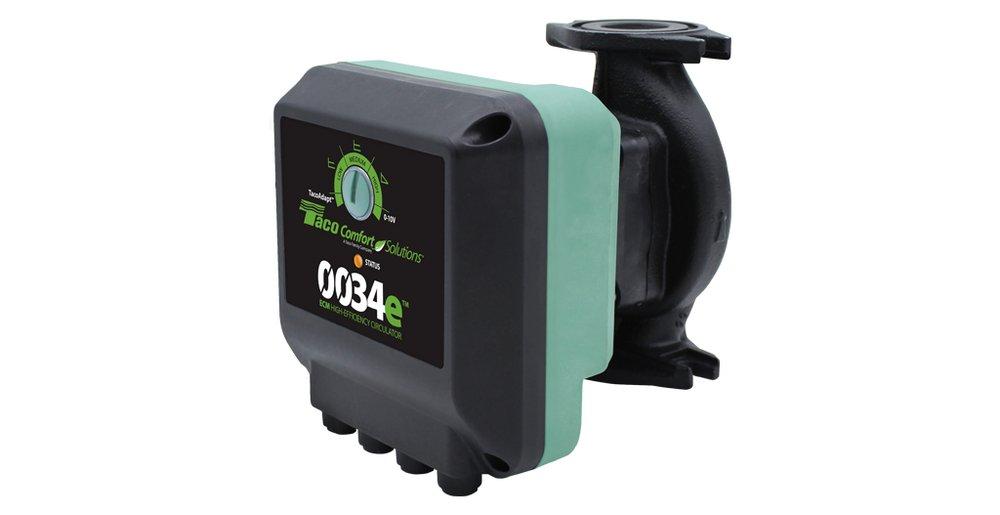 Taco 0034e high-performance variable speed ECM circulator pump with a black cast iron flanged casing for closed-loop hydronic heating.