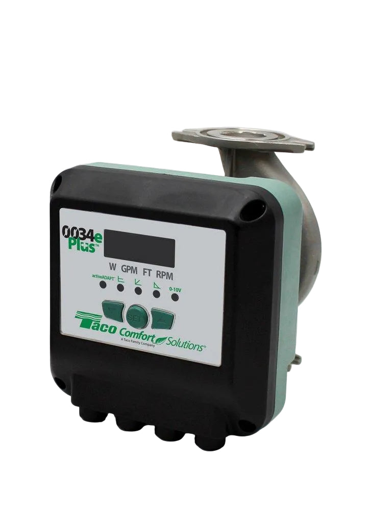Taco 0034e high-performance variable speed ECM circulator pump with an unpainted silver stainless steel casing for potable drinking water systems.