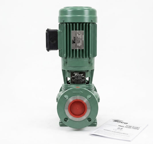 Front view of a green Taco Comfort Solutions 1630 Series High-Head Commercial Inline Pump on a clean white background, shown with an official instruction manual.