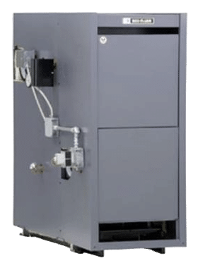 Front view of a blue Weil-McLain LGB series commercial cast iron gas boiler isolated on a pure white background.